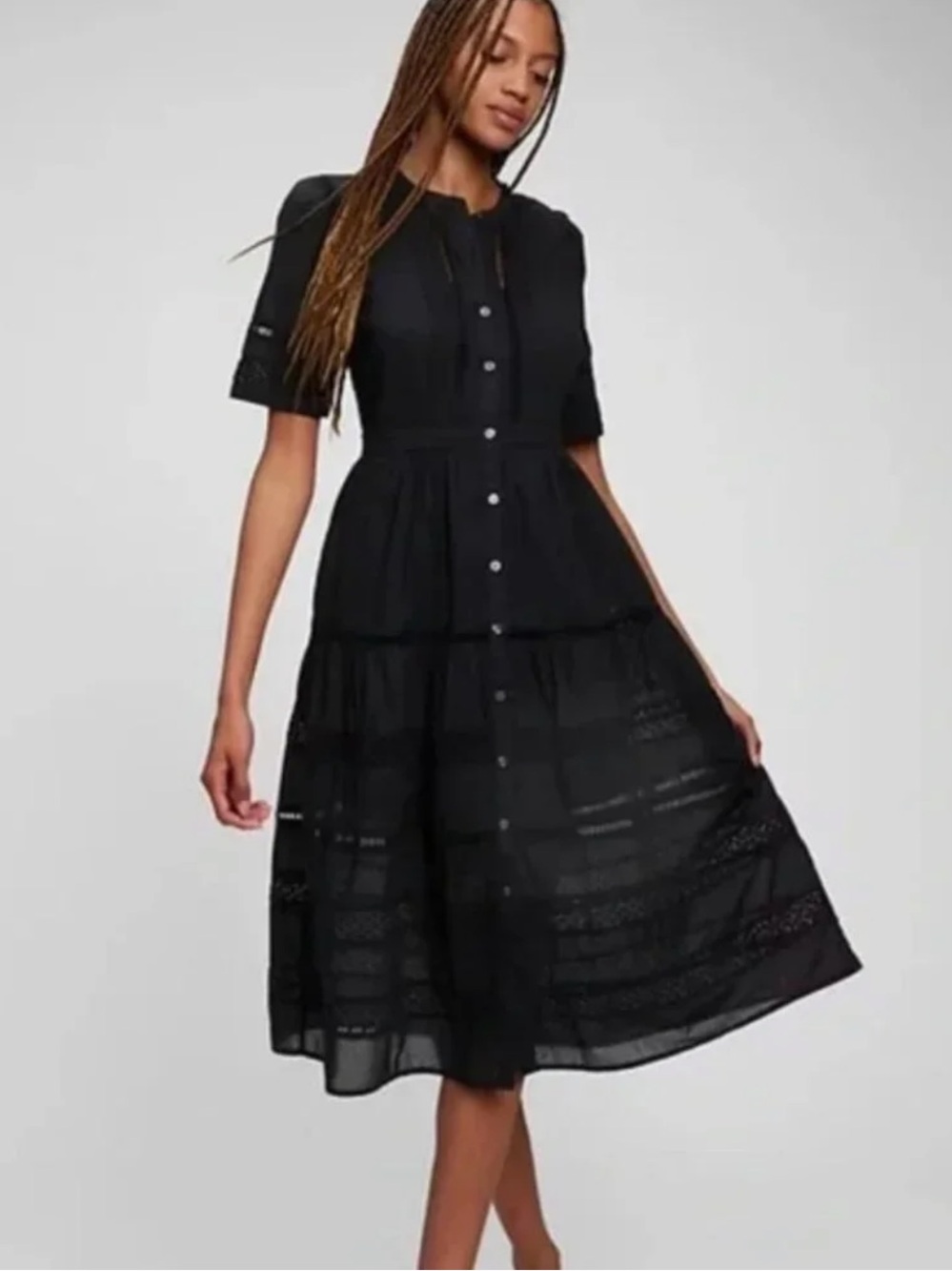 GAP Black Button Short Sleeve Maxi Dress with Crochet Panels
